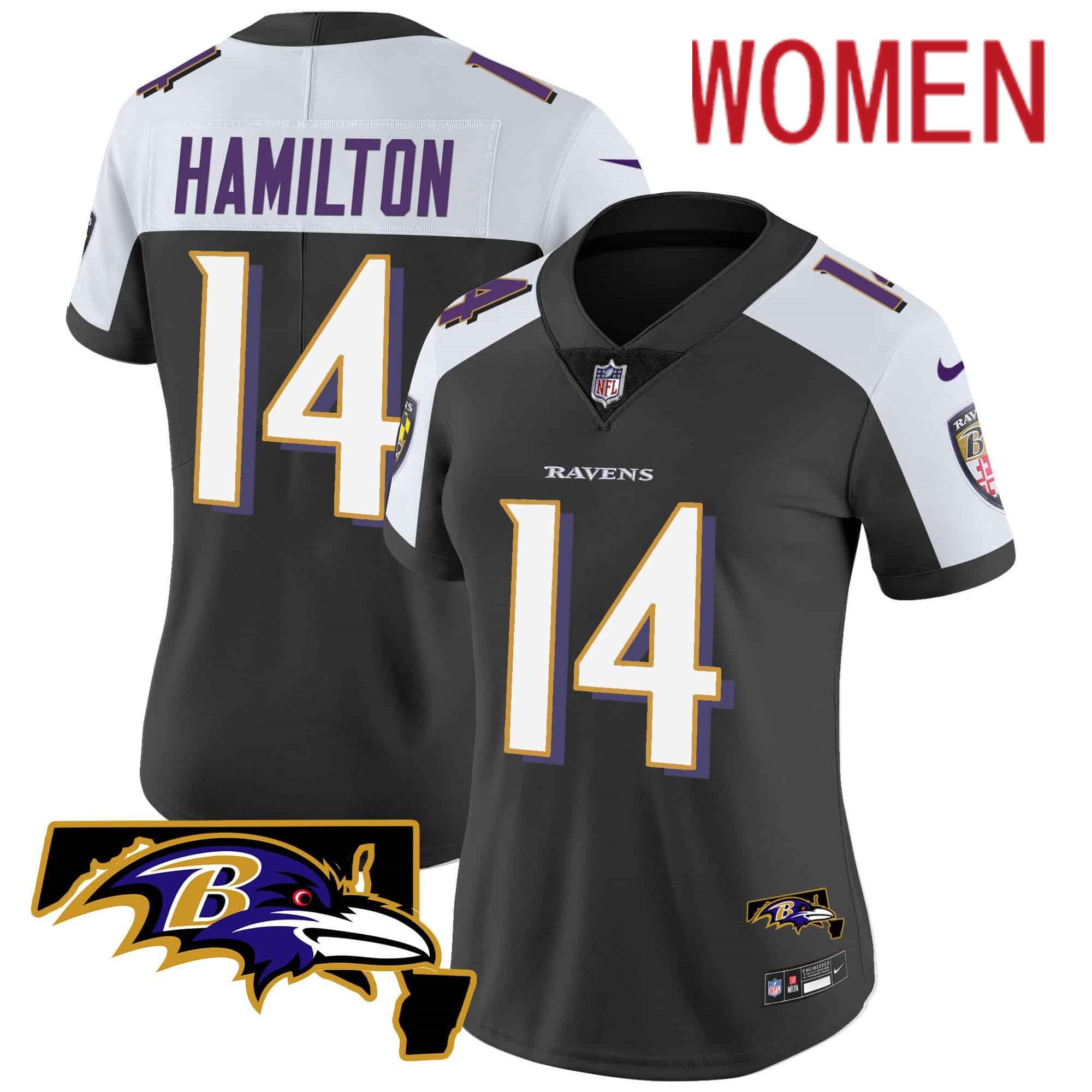 Women Baltimore Ravens #14 Hamilton Black 2024 Nike Maryland Patch Vapor Limited NFL Jersey
